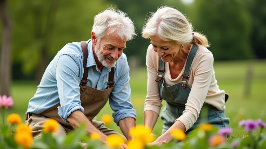 Older couple working together in a garden, planting flowers in raised beds on a sunny day