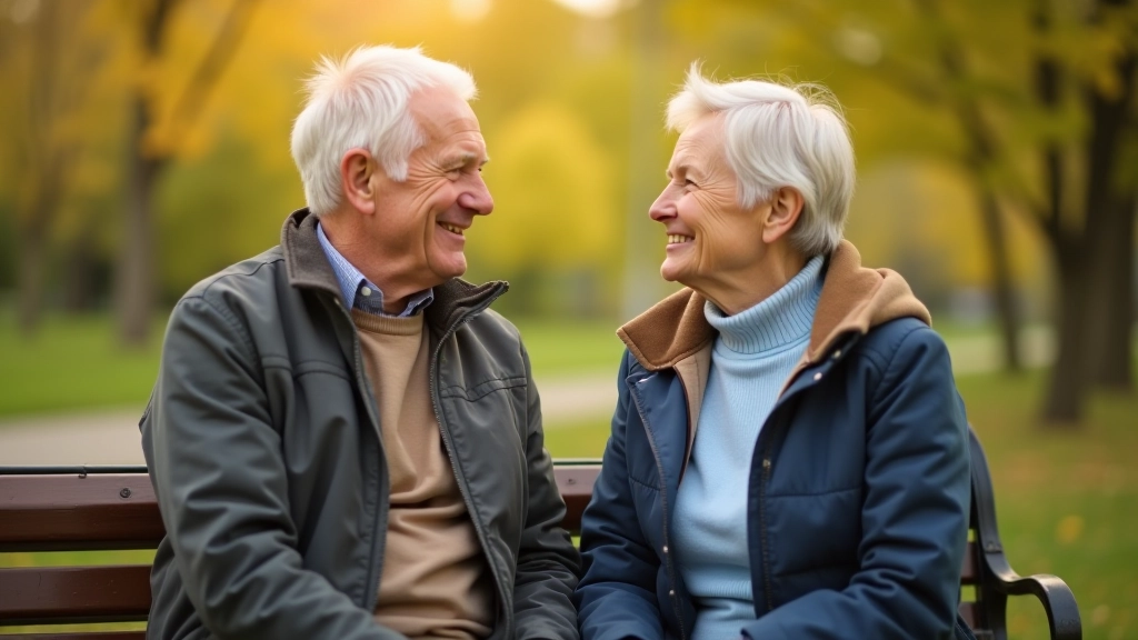Older couple sitting on a bench outdoors in a park, having a conversation