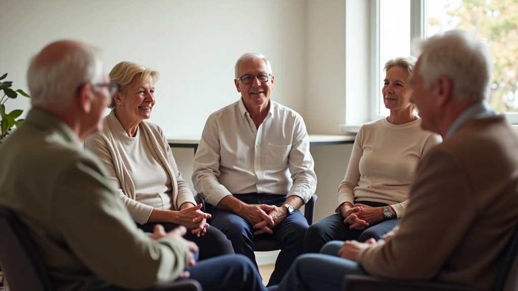 Group of older adults in a workshop setting, engaged in conversation and learning together