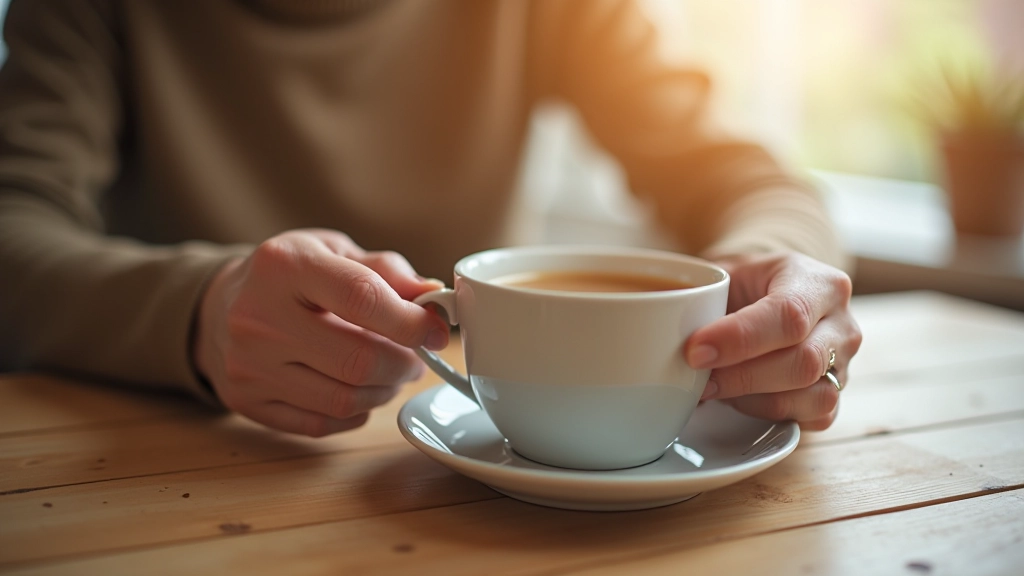 Hands holding a warm cup of tea on a wooden table near a window with soft morning light