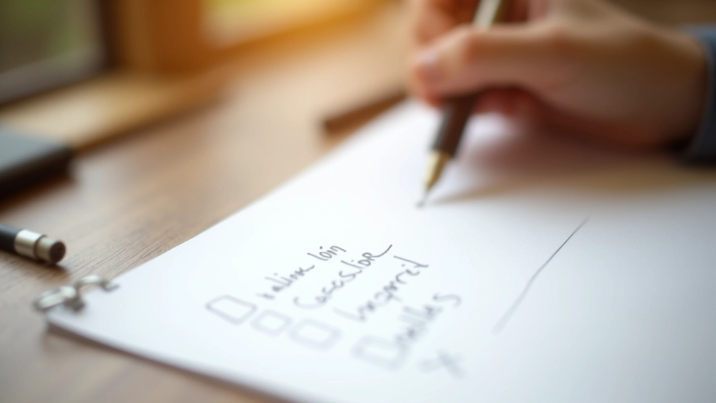 Close-up of handwritten list on paper with pen, natural desk lighting, minimalist composition