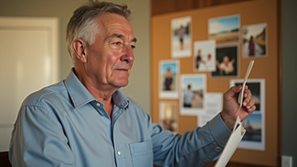 Man in his sixties looking at a vision board with photos and handwritten notes pinned on a cork board