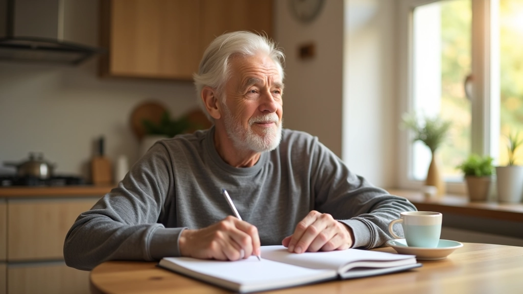 Person sitting at kitchen table with morning coffee, looking at a calendar and planner notebook