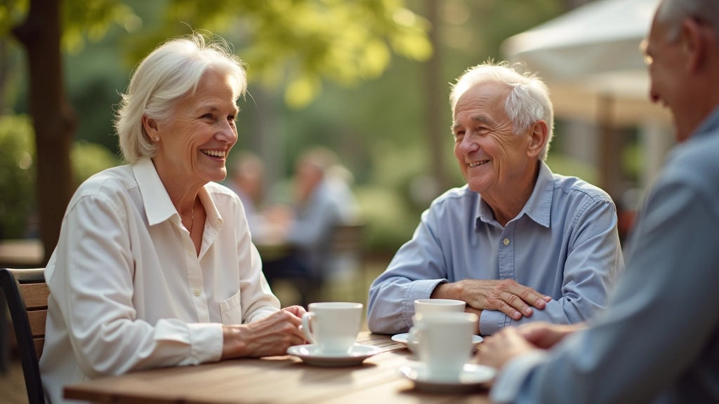 Person at outdoor café with friends, laughing and conversing over coffee
