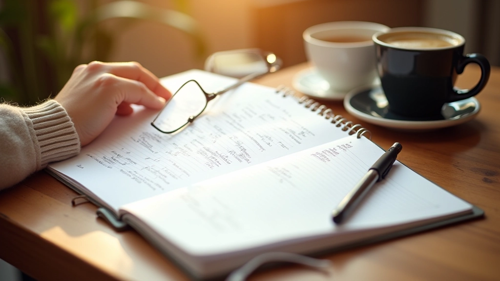 Open planner with handwritten goals and a coffee cup on a desk, organized workspace