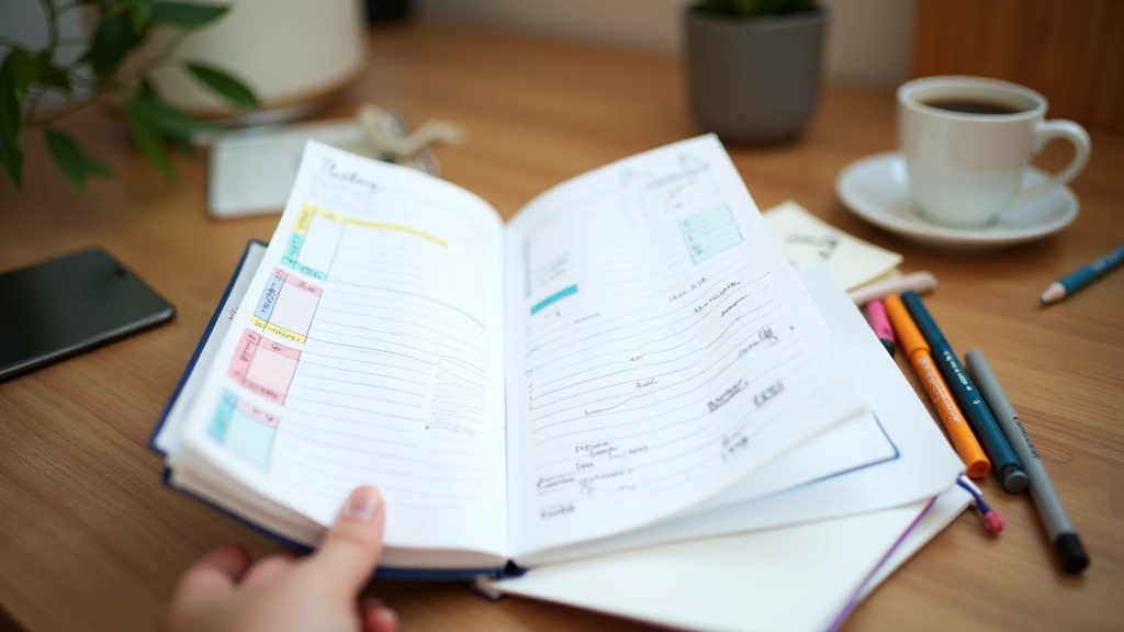 Open weekly planner with color-coded activities, coffee cup beside it on a wooden surface