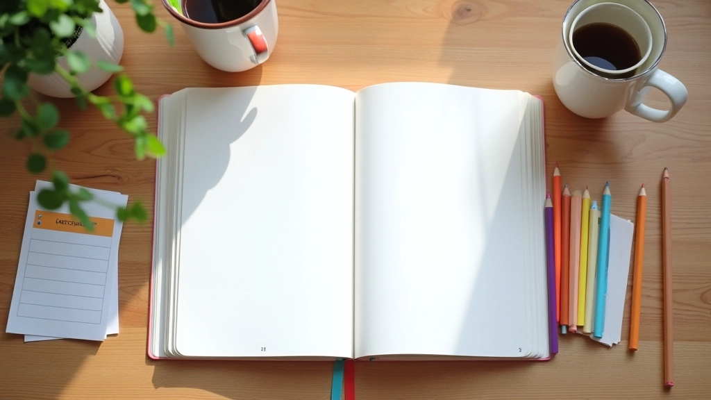 Organized desk with goal-setting materials, journal, and planning tools spread out
