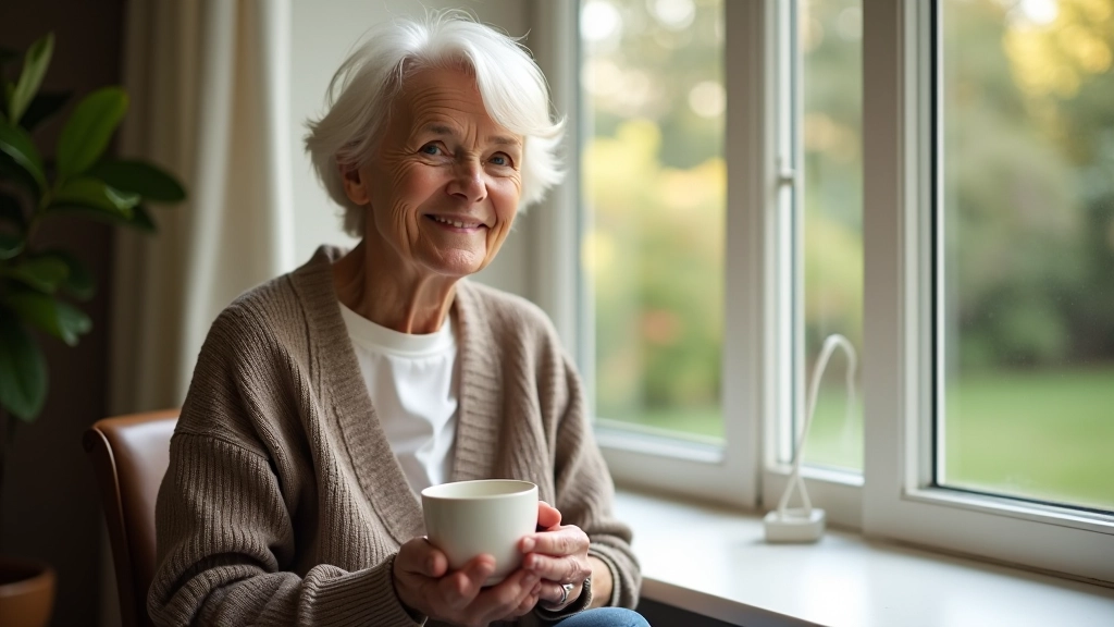 Serene retirement scene with person enjoying morning coffee by a window overlooking nature