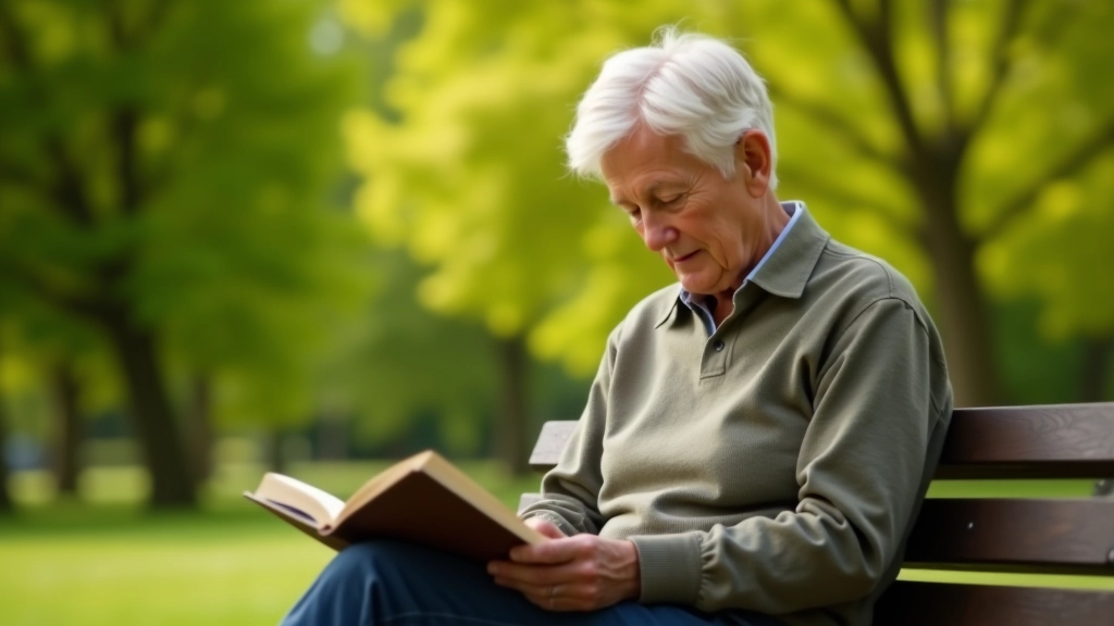 Older adult sitting on a bench in a park, reading a book, peaceful natural setting with trees