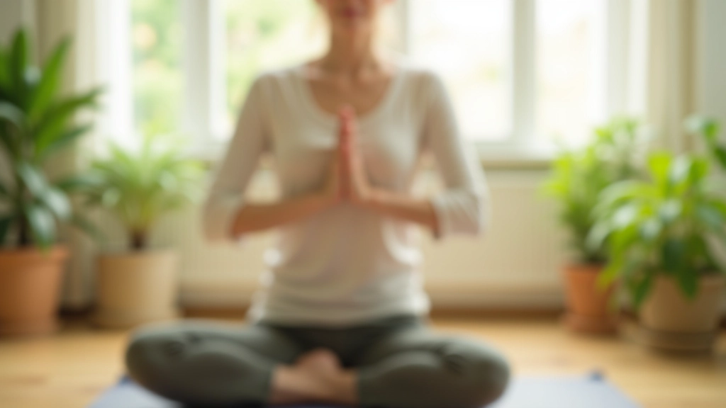 Person practicing yoga pose in a bright studio with natural light and plants