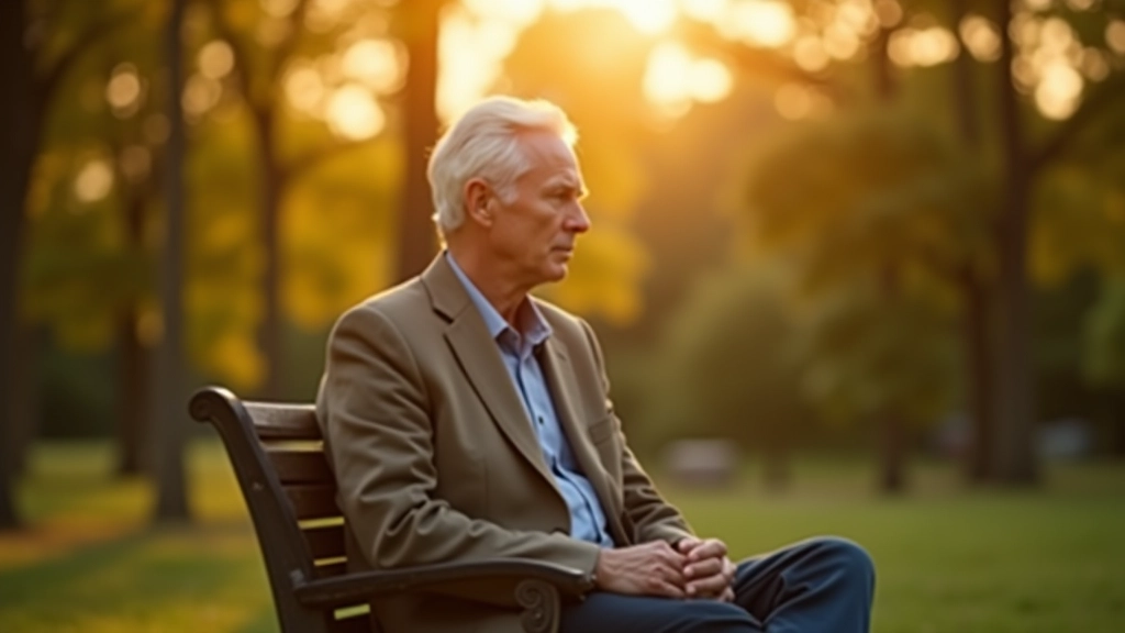 Person sitting on a bench in a park, looking thoughtful with trees in background during golden hour