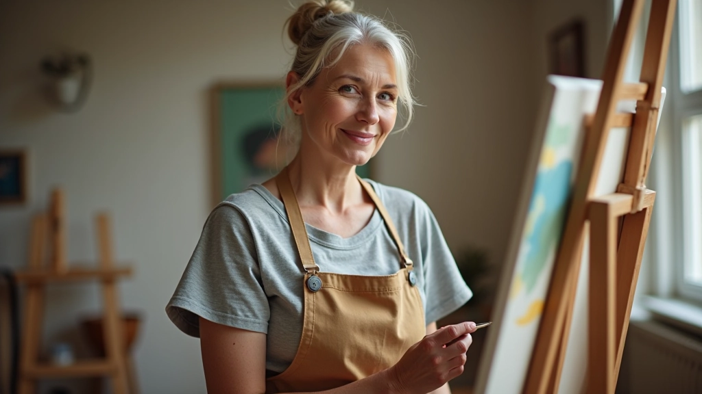 Woman aged 58 holding a paintbrush in front of an easel with a landscape painting, smiling in an art studio