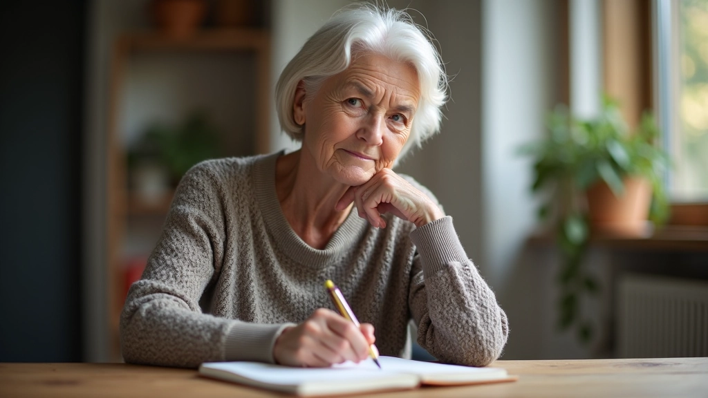 Woman in her sixties sitting at a wooden table with a journal and pen, contemplative expression, natural window light