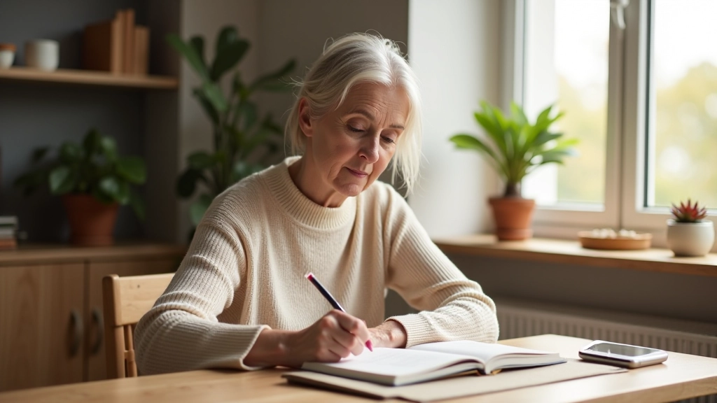 Older adult writing in a journal at a wooden desk near a window with natural light streaming in